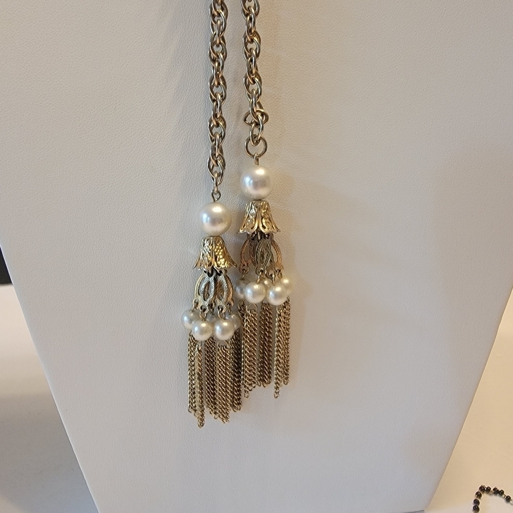 Goldtone Adjustable Length Faux Pearl Tassel Necklace - Picture 2 of 4
